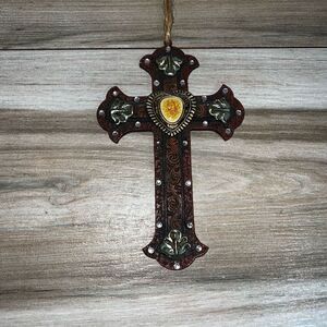 Carson Wall Cross Tooled Designed Heart Stone Center Rhinestone Copper Gold Colo